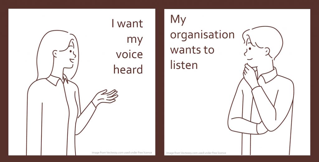 Woman with open hand gesture says 'I want my voice heard' and a man with attentive posture says 'My organisation wants to listen'